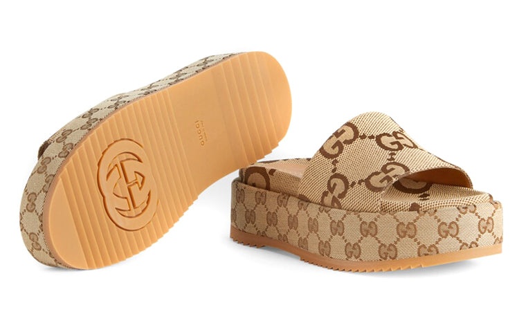 (WMNS) Gucci GG Lame Platform Slide Sandal 'Camel Monogram' 623212-UKO00-2580 - 5