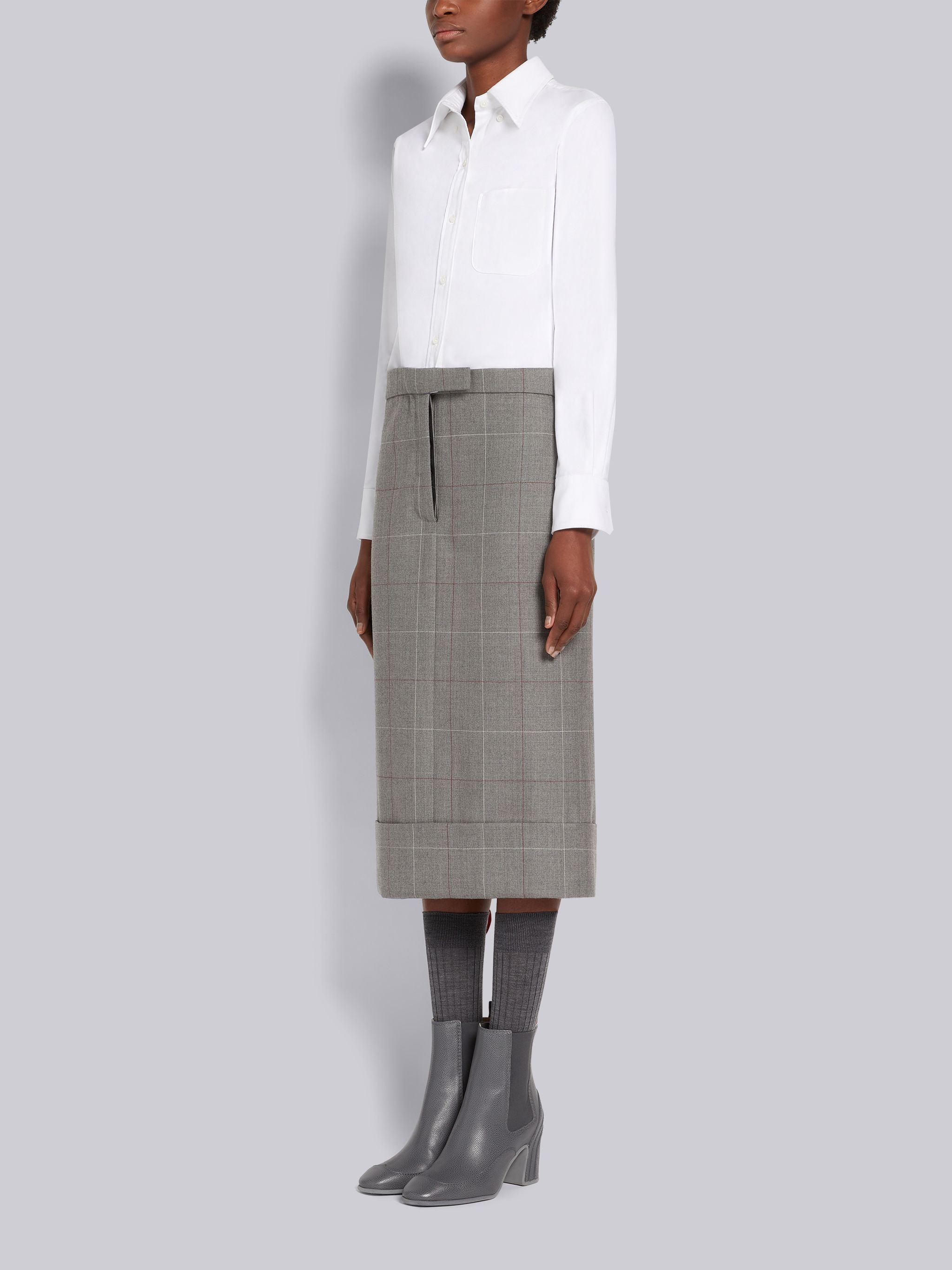 Medium Grey Oxford & Herringbone Windowpane Wool Suiting Knee Length Shirtdress - 2