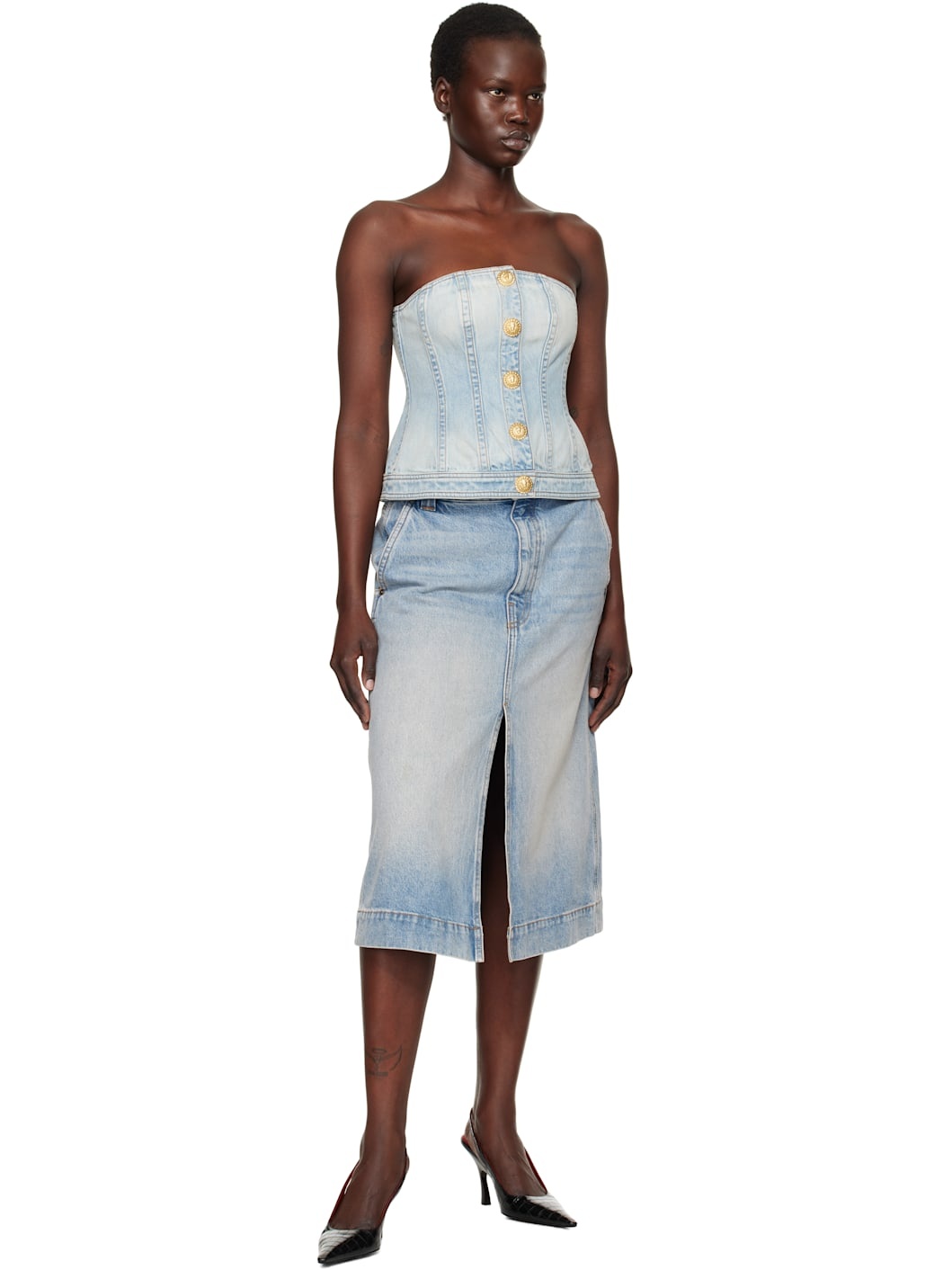 Blue Buttoned Denim Corset Top - 4
