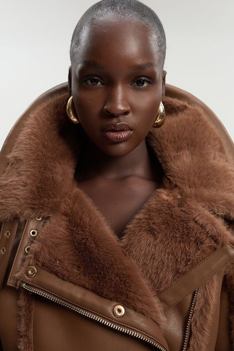 Faux Fur High Neck Belted Biker Coat 1