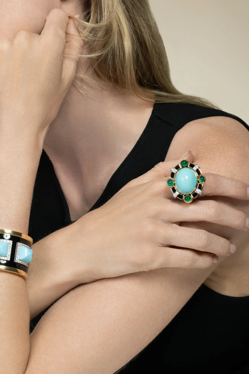 Turquoise Emerald Black Caviar Ring - 1