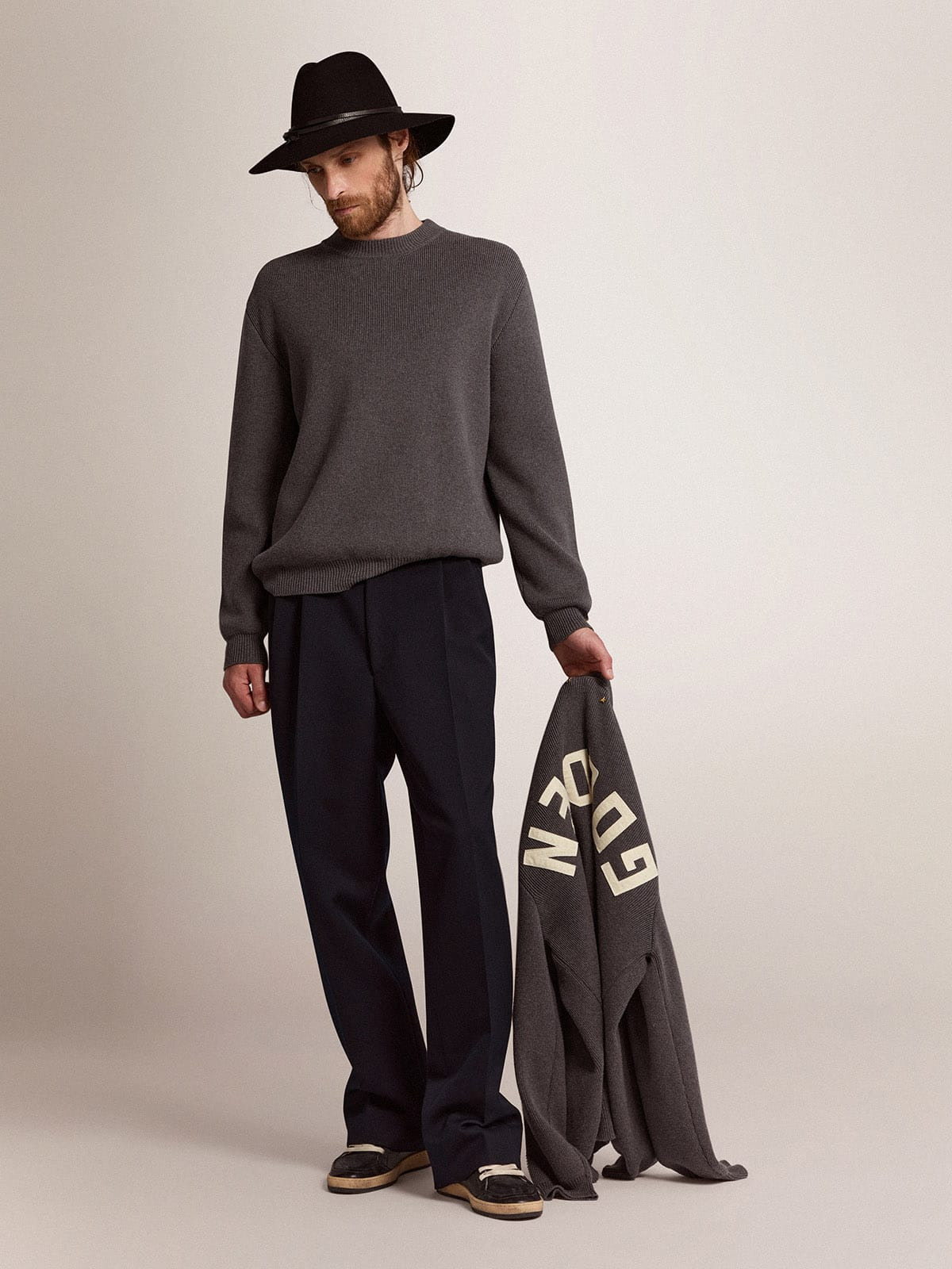Men's round-neck sweater in dark gray cotton with logo on the back - 3