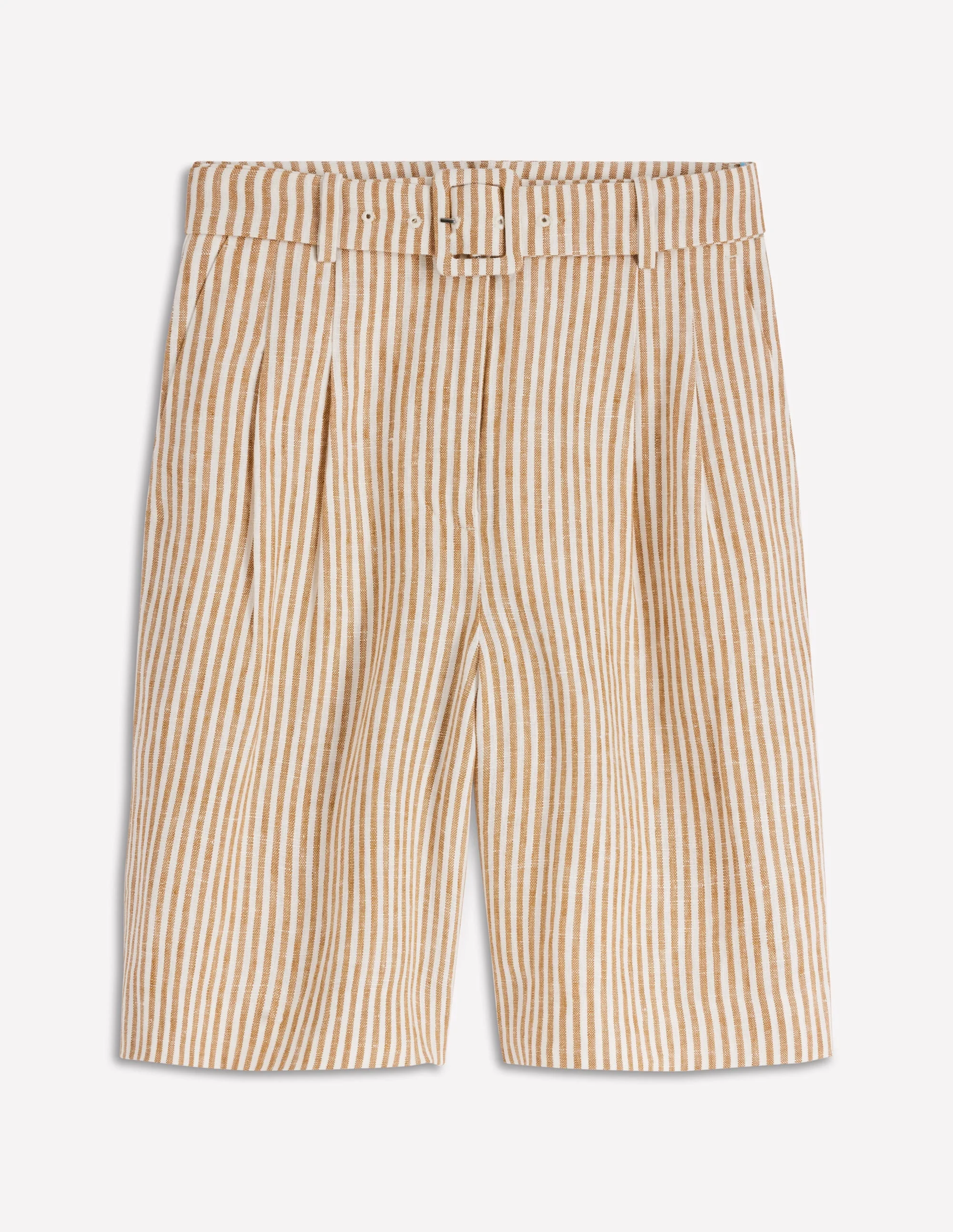 Chelsea Belted Linen Shorts-Brown, Ivory Ticking Stripe - 1