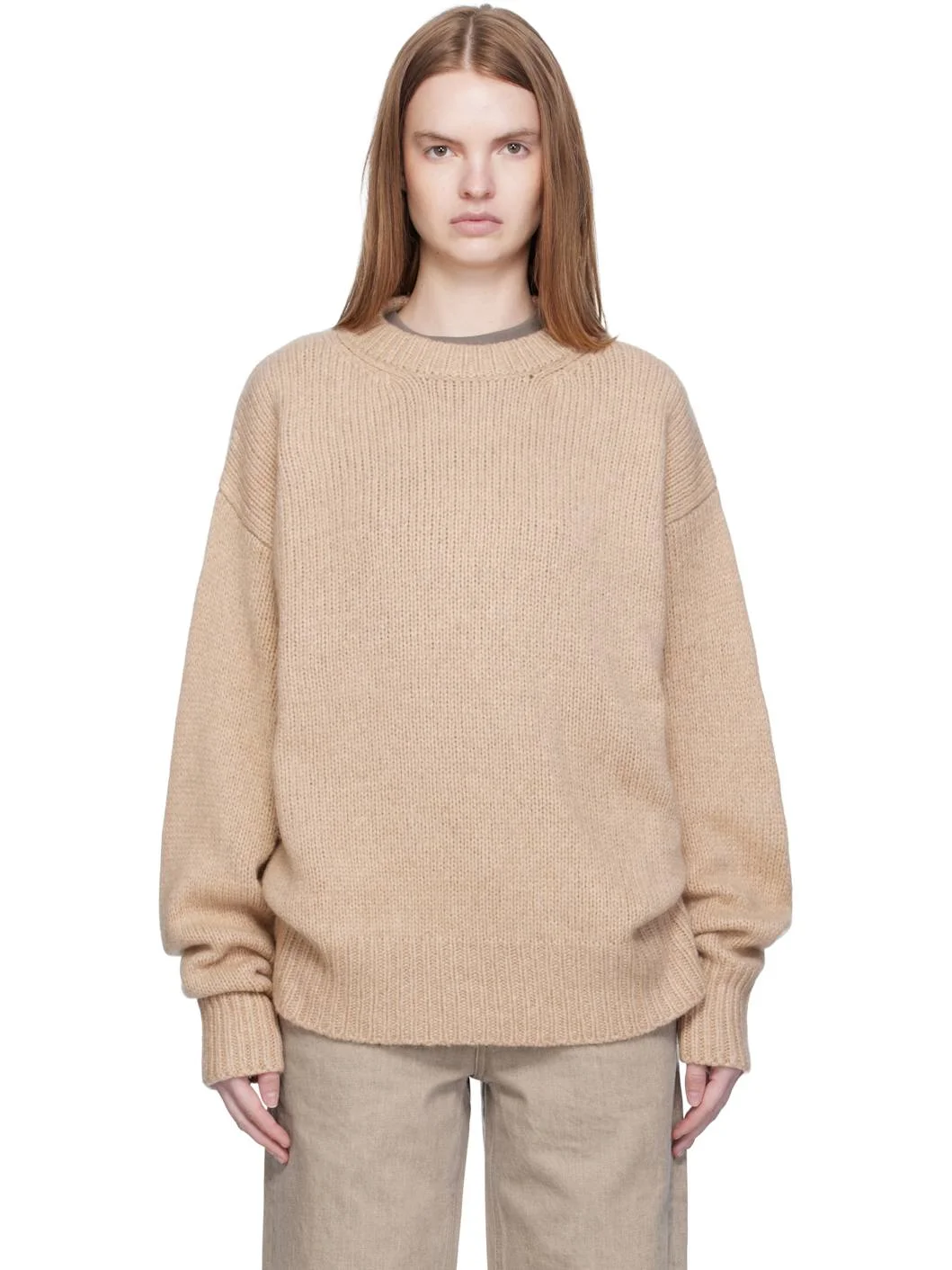 Beige Crew Neck Oversized Sweater - 1