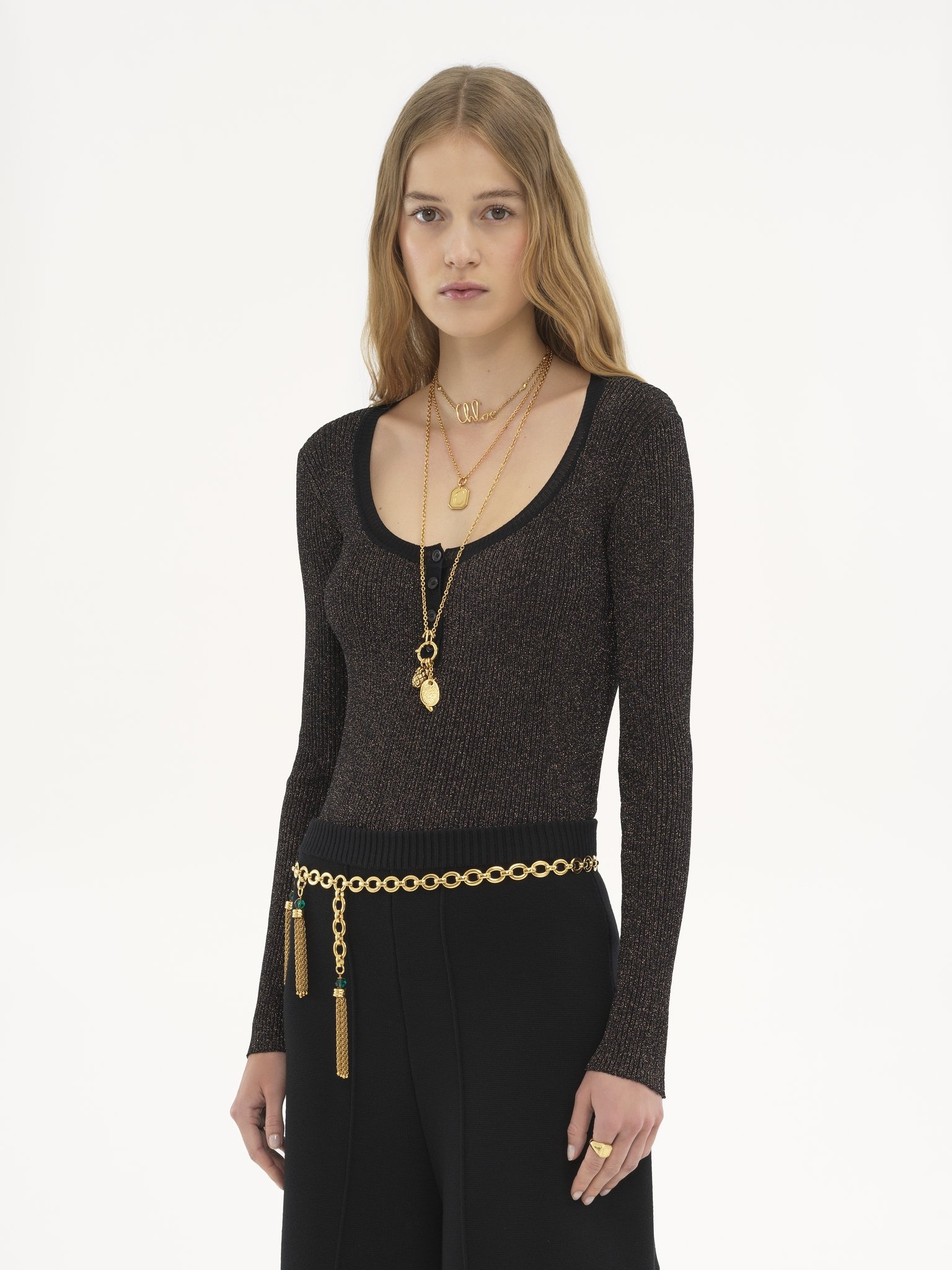 LONG-SLEEVE FITTED TOP IN LUREX WOOL KNIT - 4