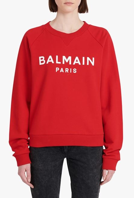 Red eco-designed cotton sweatshirt with white Balmain logo print - 5