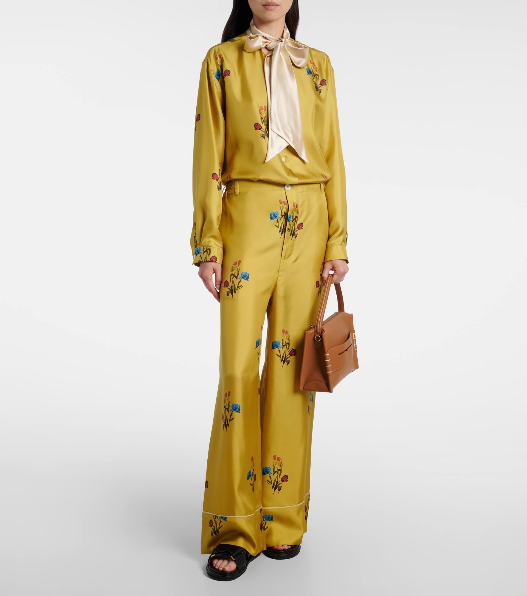 Floral silk satin wide-leg pants - 2