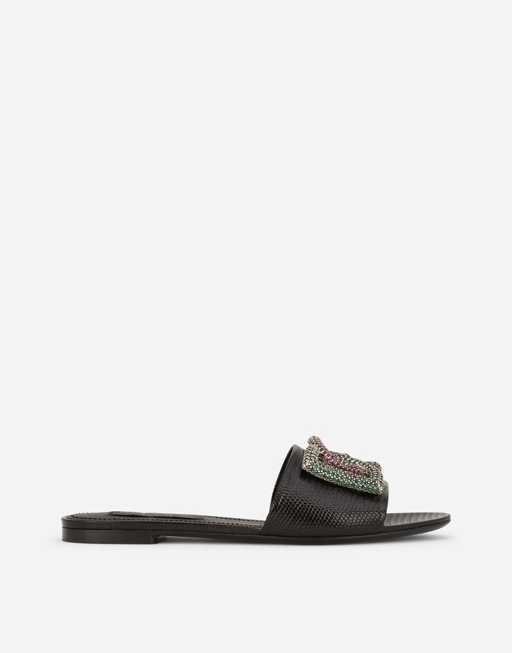 Iguana-print calfskin sliders with rhinestone-detailed DG logo - 1