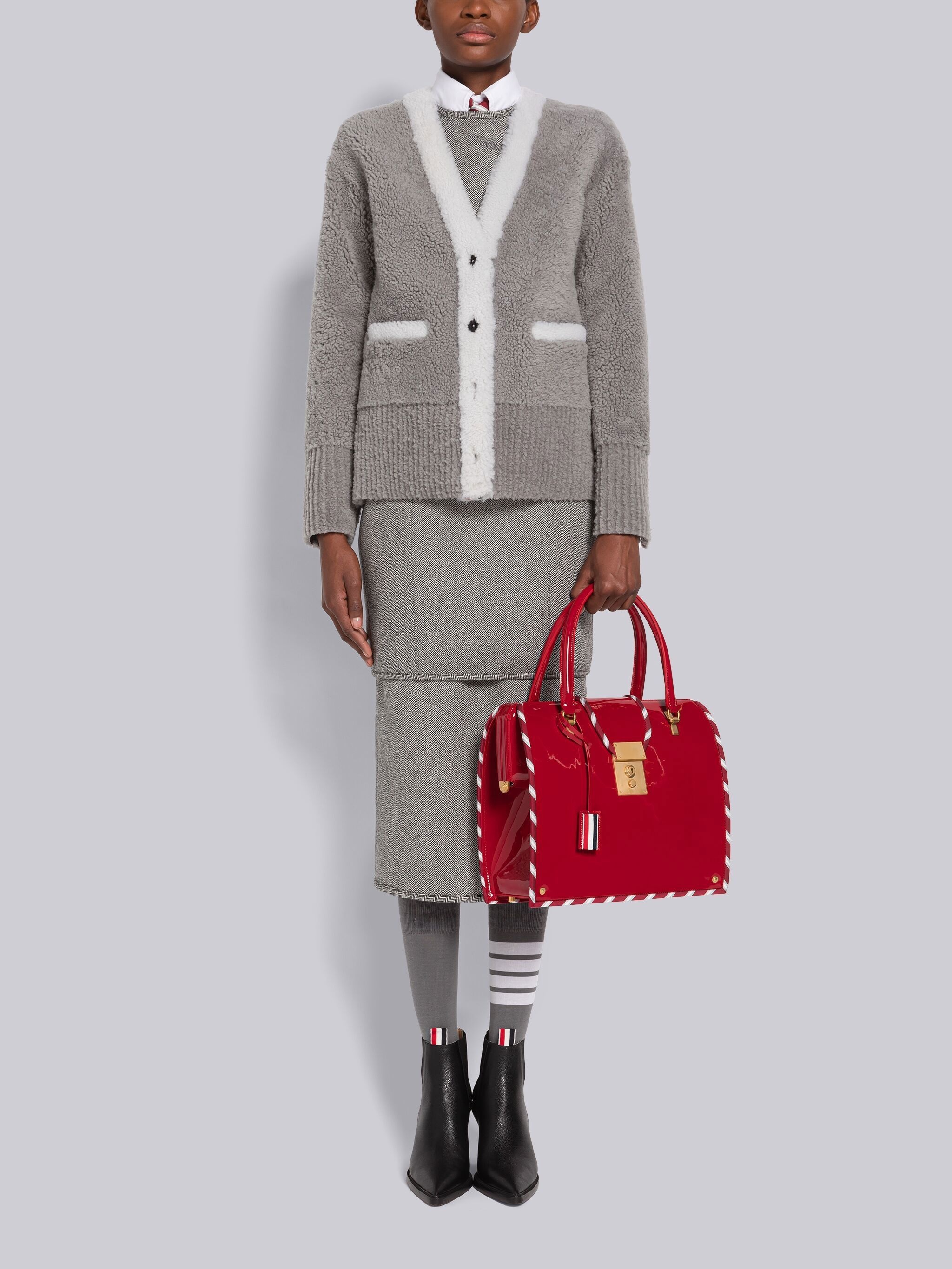 Shearling Contrast Trim V-Neck Cardigan Jacket - 4