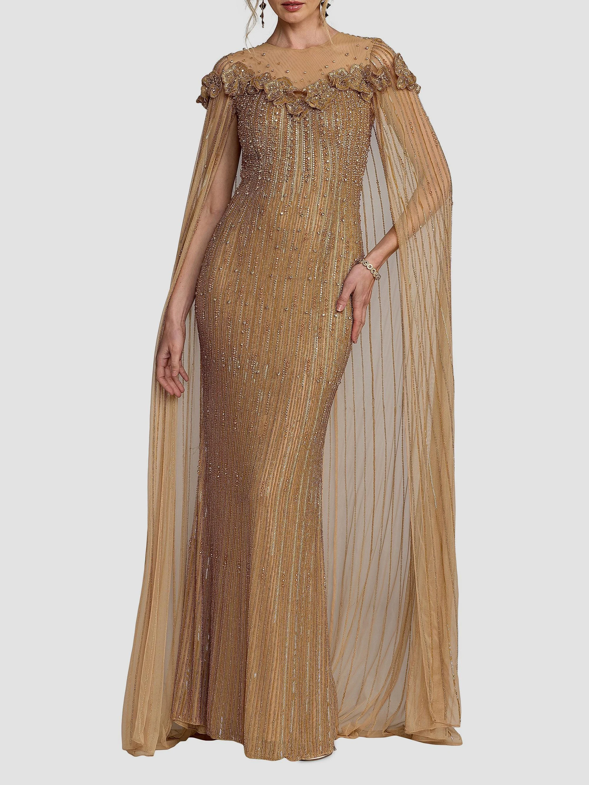 Women's Floral Beaded Mesh Cape Gown - Beige Gold - 1