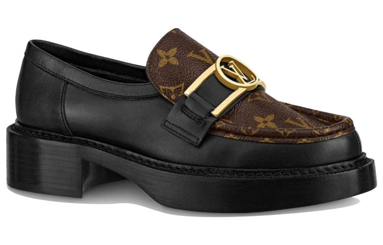 (WMNS) LOUIS VUITTON Academy Loafers 'Black with Brown Monogram and Gold Plate' 1A7TXN - 2
