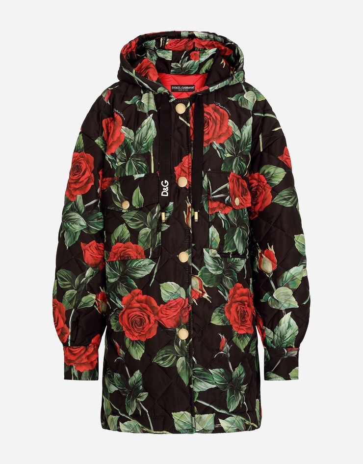 Quilted cordura jacket with rose print and hood - 1