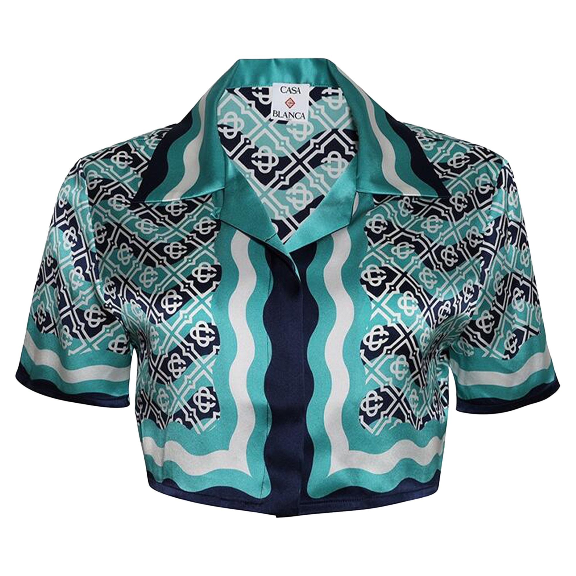 Casablanca Monogram Wave Cropped Silk Shirt 'Turquoise' - 1
