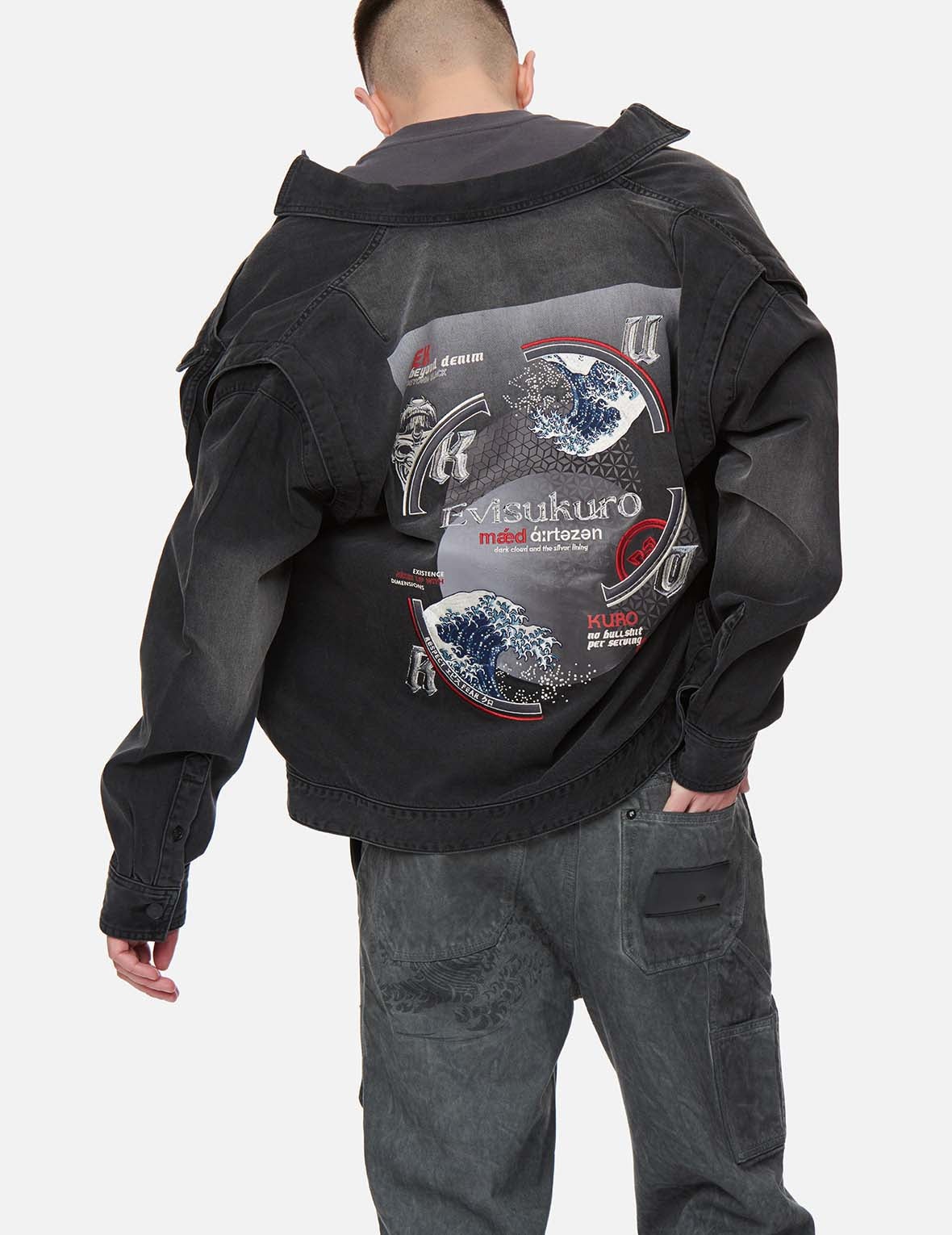 The Great Wave and Kamon Embroidery Denim Shirt Jacket - 3