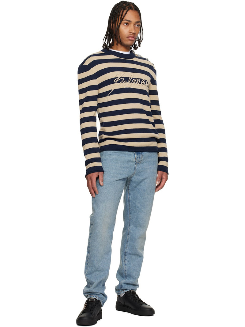 Balmain Navy & Beige 'Balmain' Logo Marinière Sweater outlook