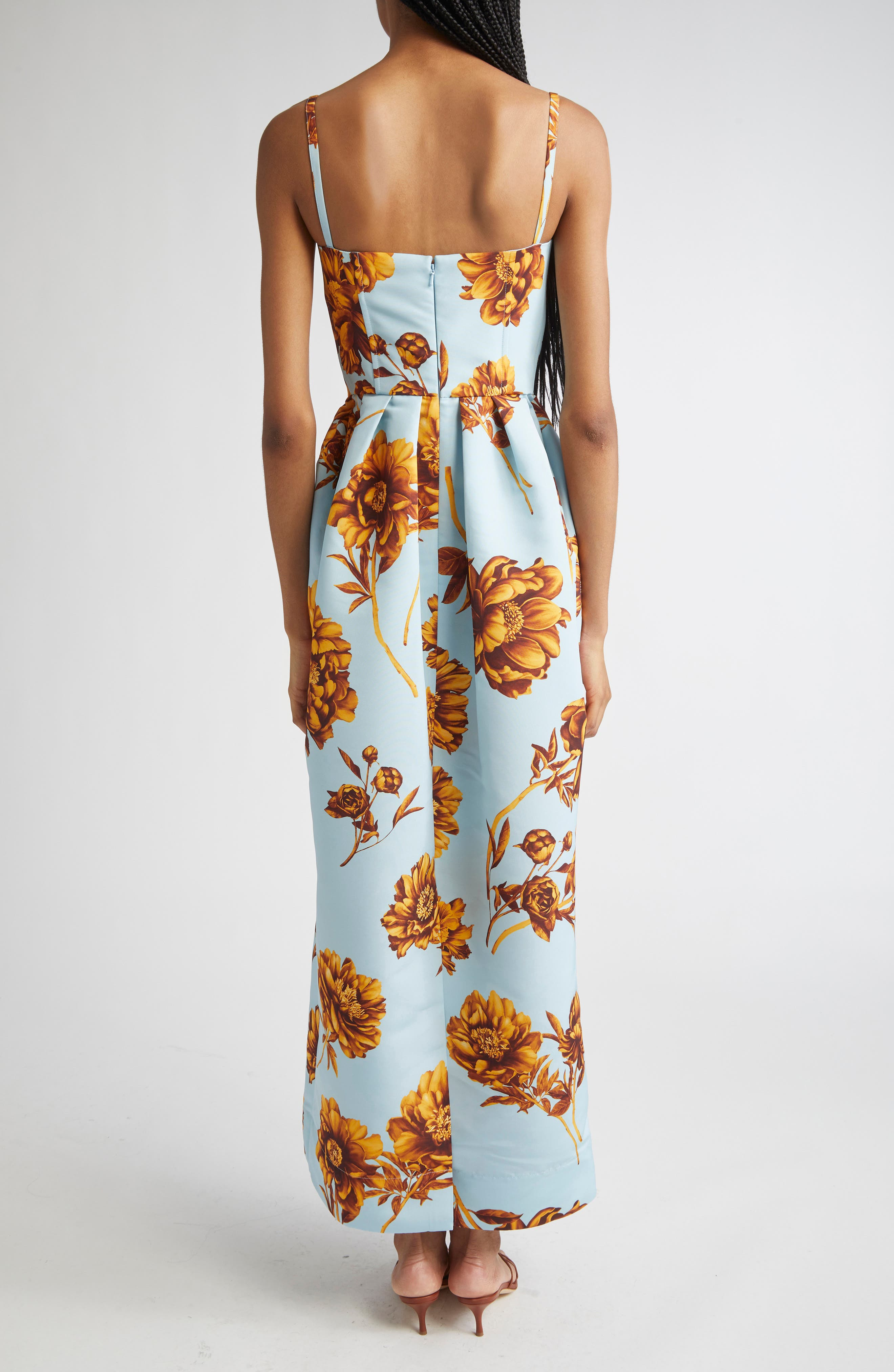 Oscar de la Renta Tonal Peony Print Faille Bustier Gown in Brown/Ice Blue at Nordstrom - 2