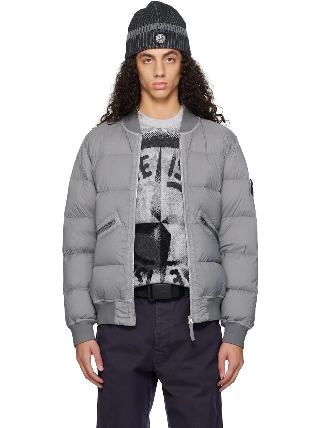 Gray Quilted Down Jacket - 1