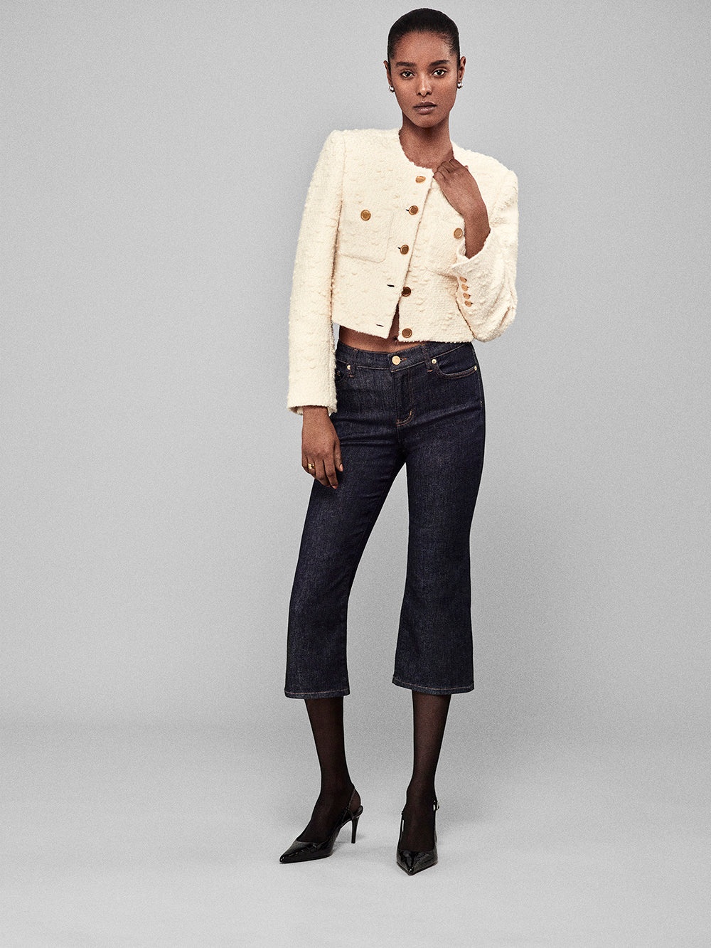 Cropped Button Front Jacket in Ecru - 2