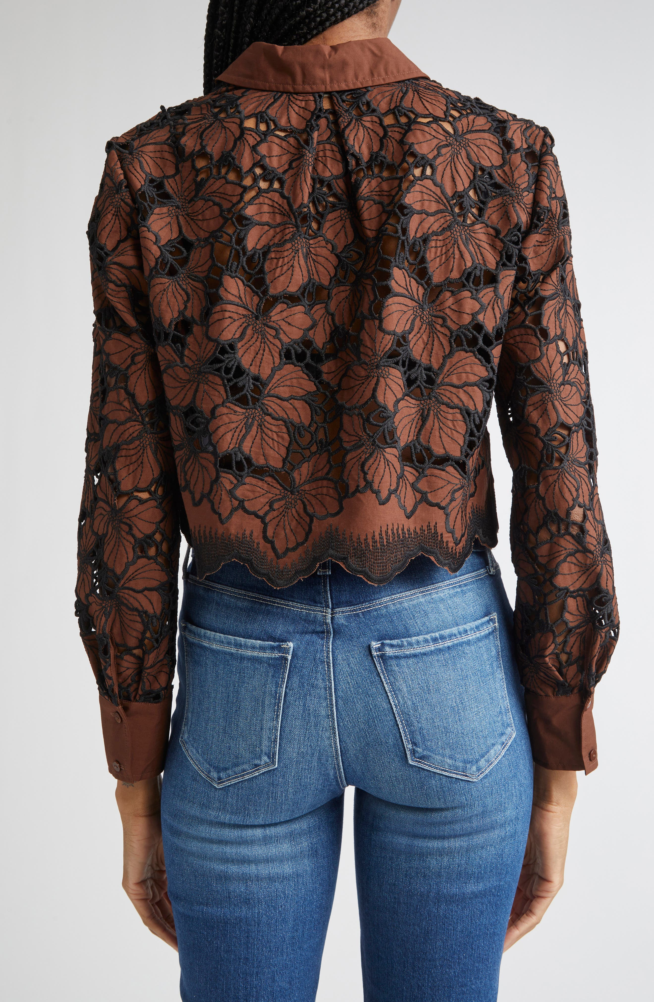 L'AGENCE Seychelle Cutwork Crop Shirt in Hot Fudge/black at Nordstrom - 3
