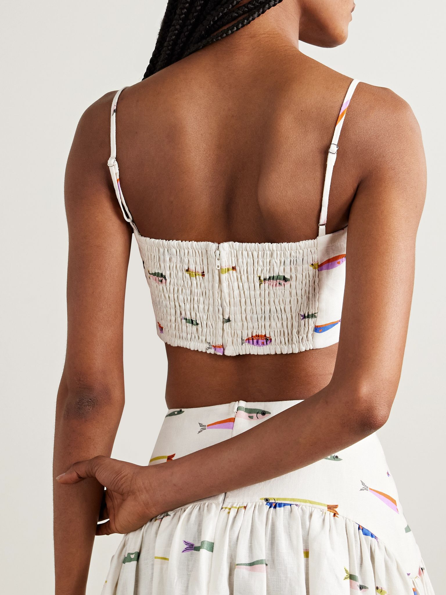Federico cropped printed linen top Ivory - 3