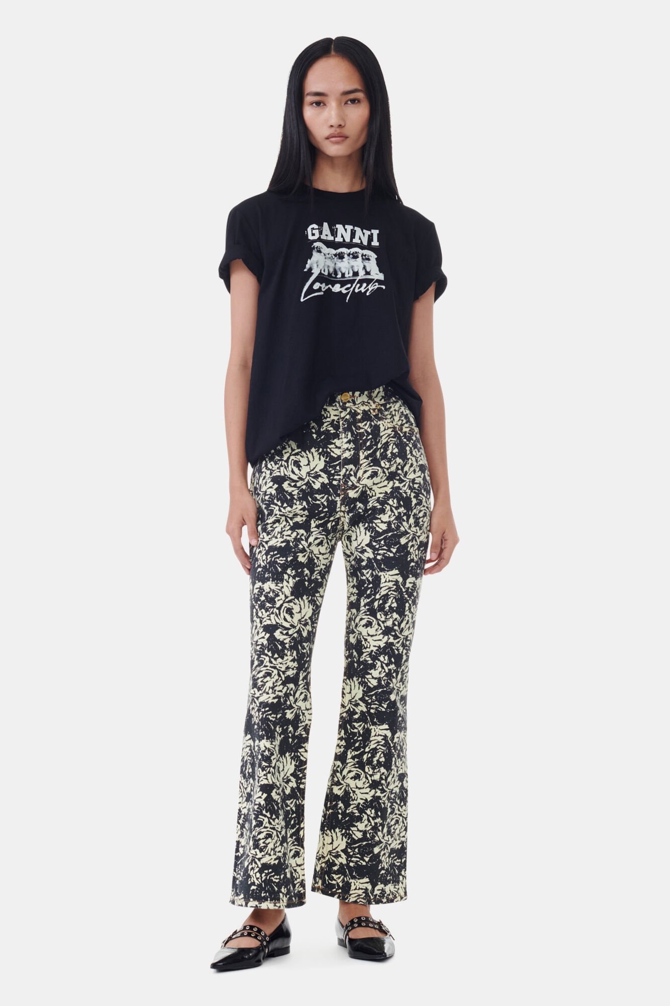 GANNI FLORAL PRINTED BETZY CROPPED JEANS | REVERSIBLE