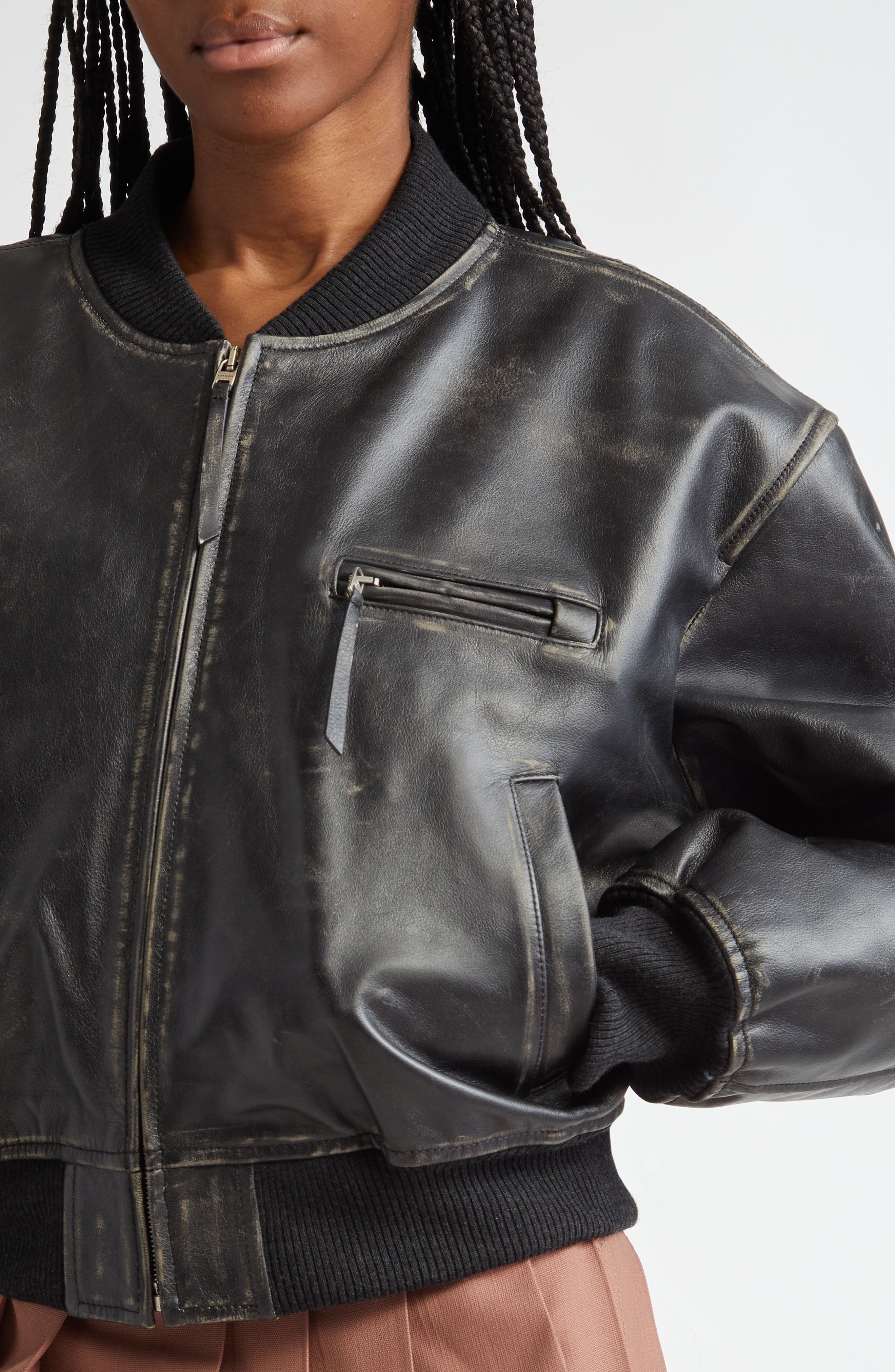 Acne Studios Leather Bomber Jacket in Black at Nordstrom - 5