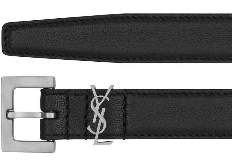SAINT LAURENT Saint Laurent Cassandre Thin Belt in Smooth Leather Black outlook