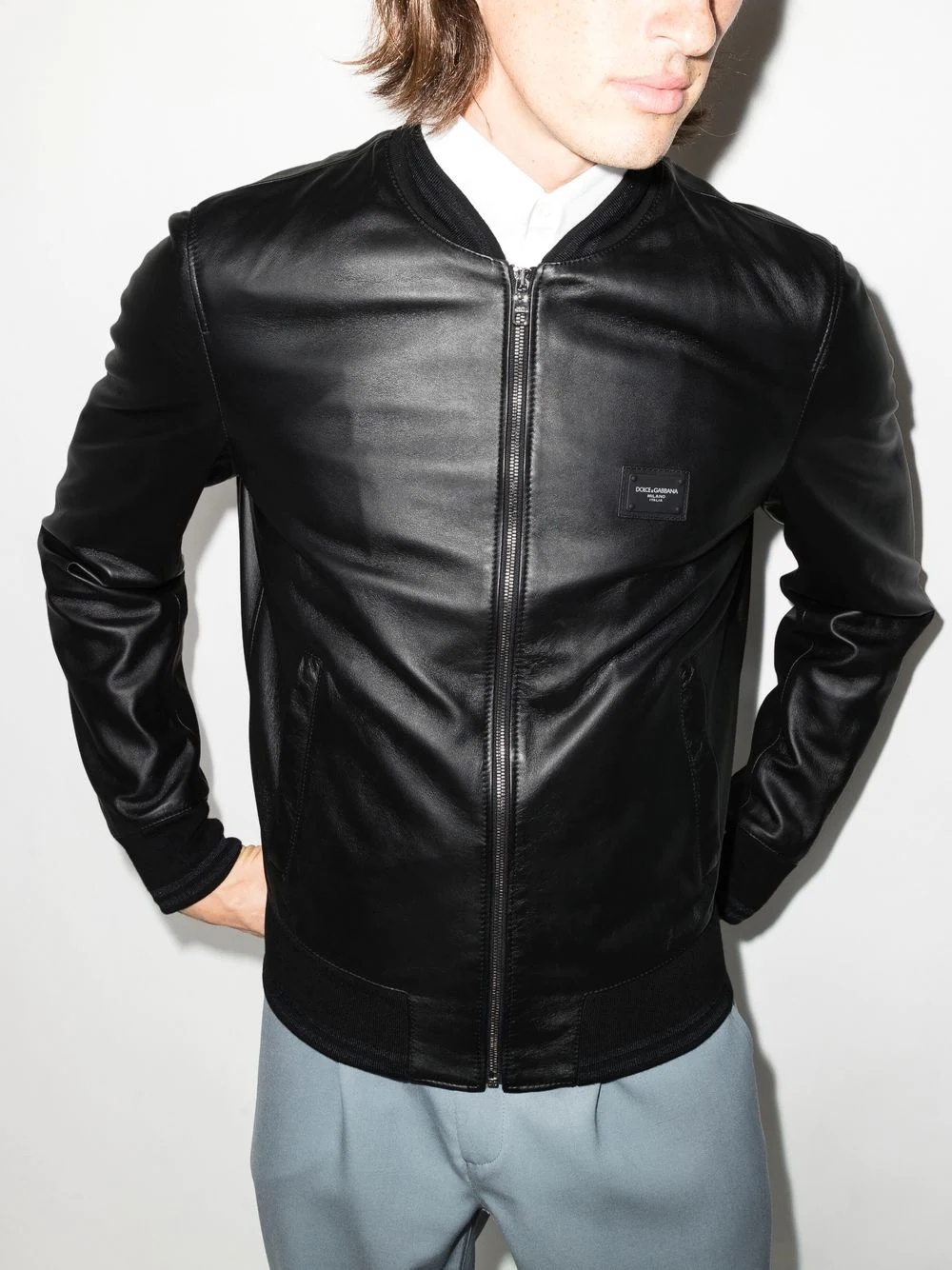 logo-plaque leather bomber jacket - 2