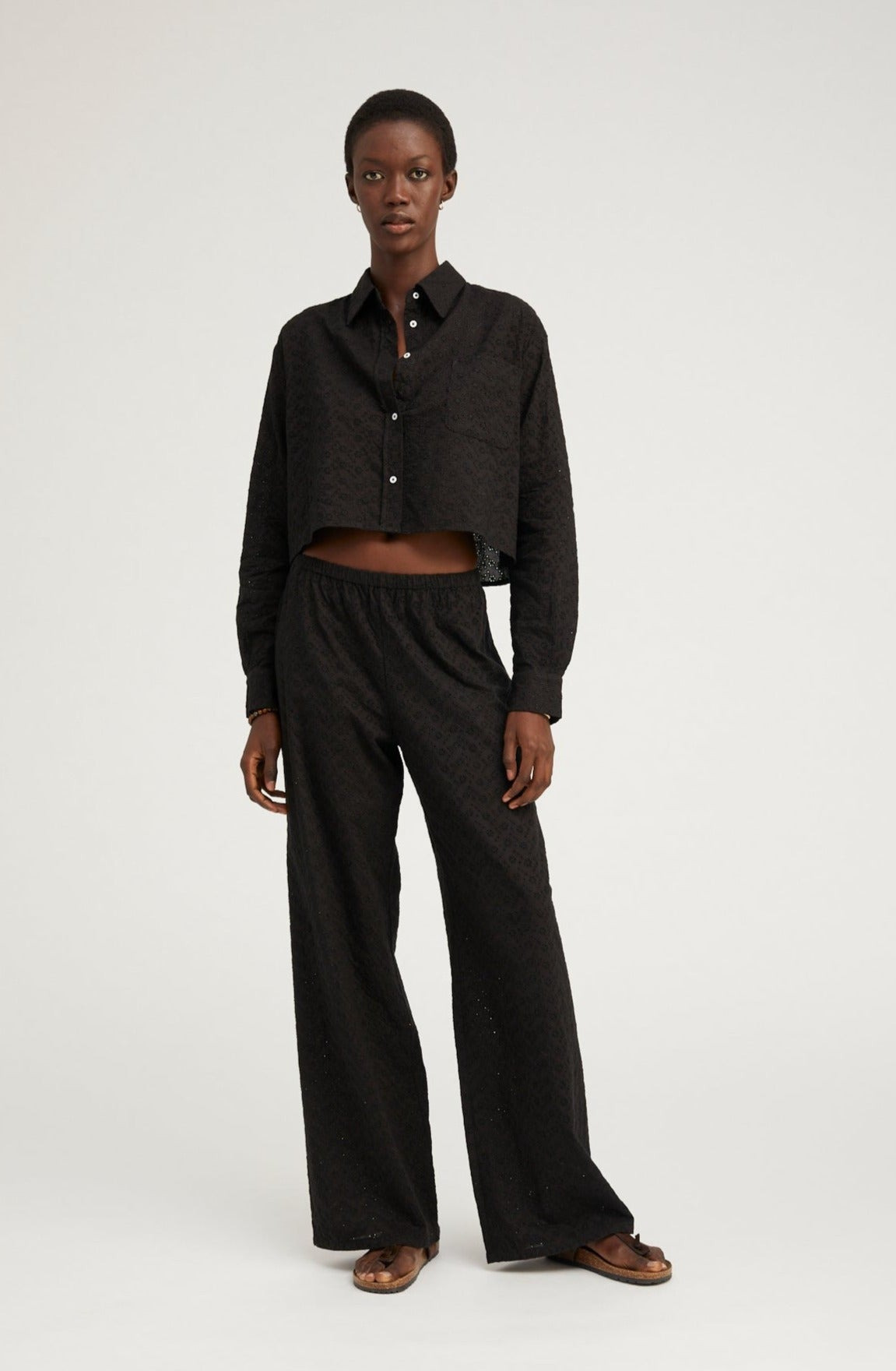 BLACK EYELET CROPPED BUTTON DOWN - 2