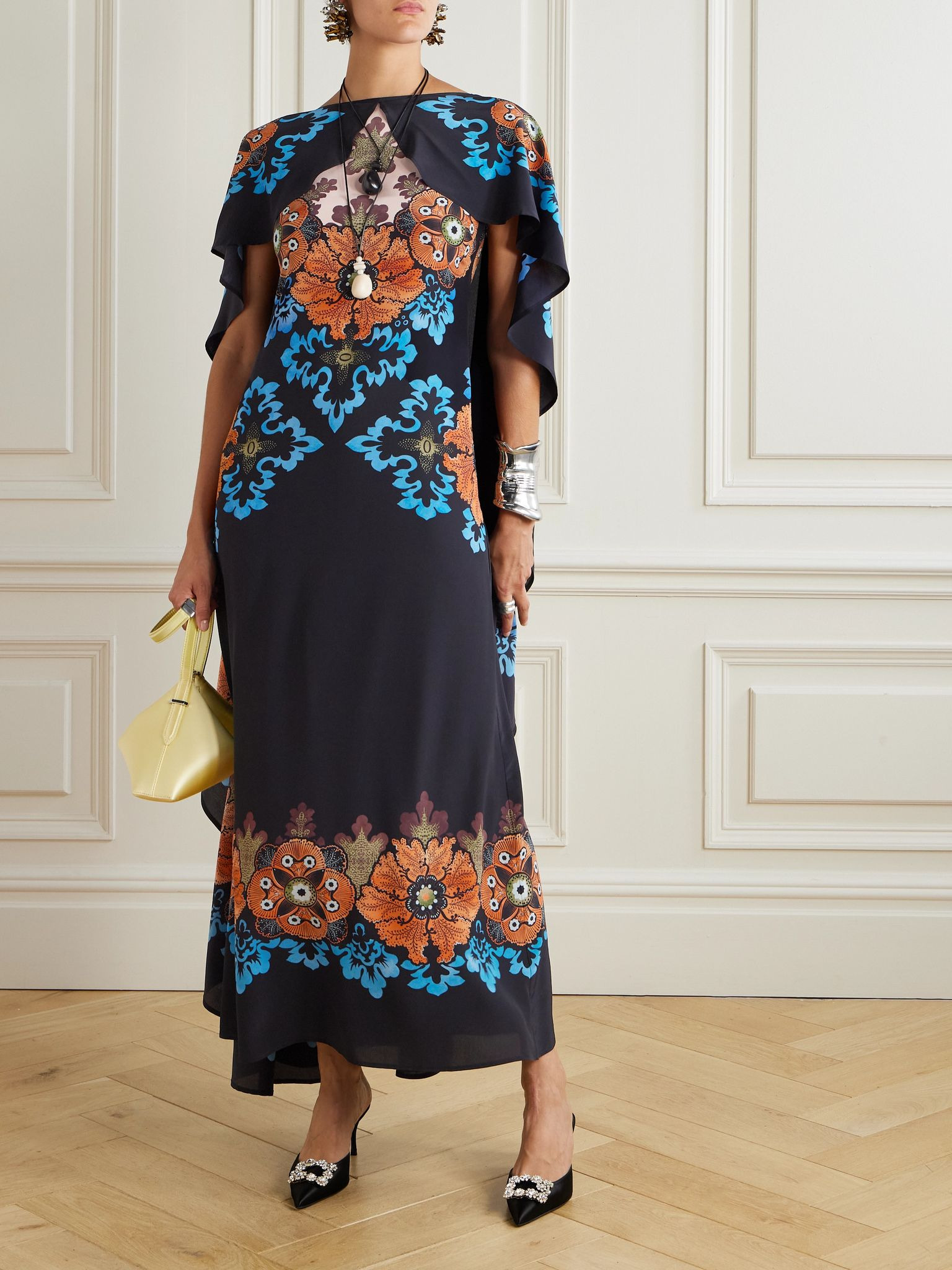 Magic cape-effect printed silk-crepe maxi dress Navy - 2