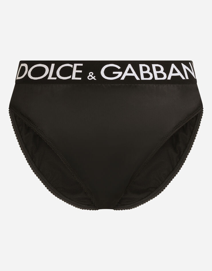 High-waisted satin briefs with branded elastic - 1