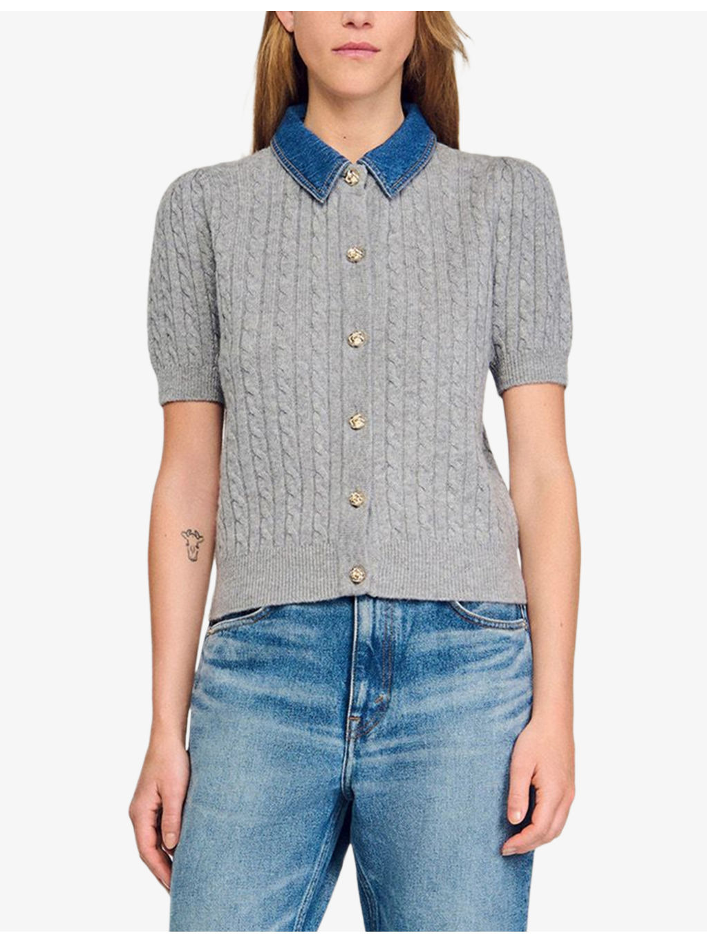 Denim-Collar Short-Sleeve Wool and Cashmere-Blend Cardigan - 3