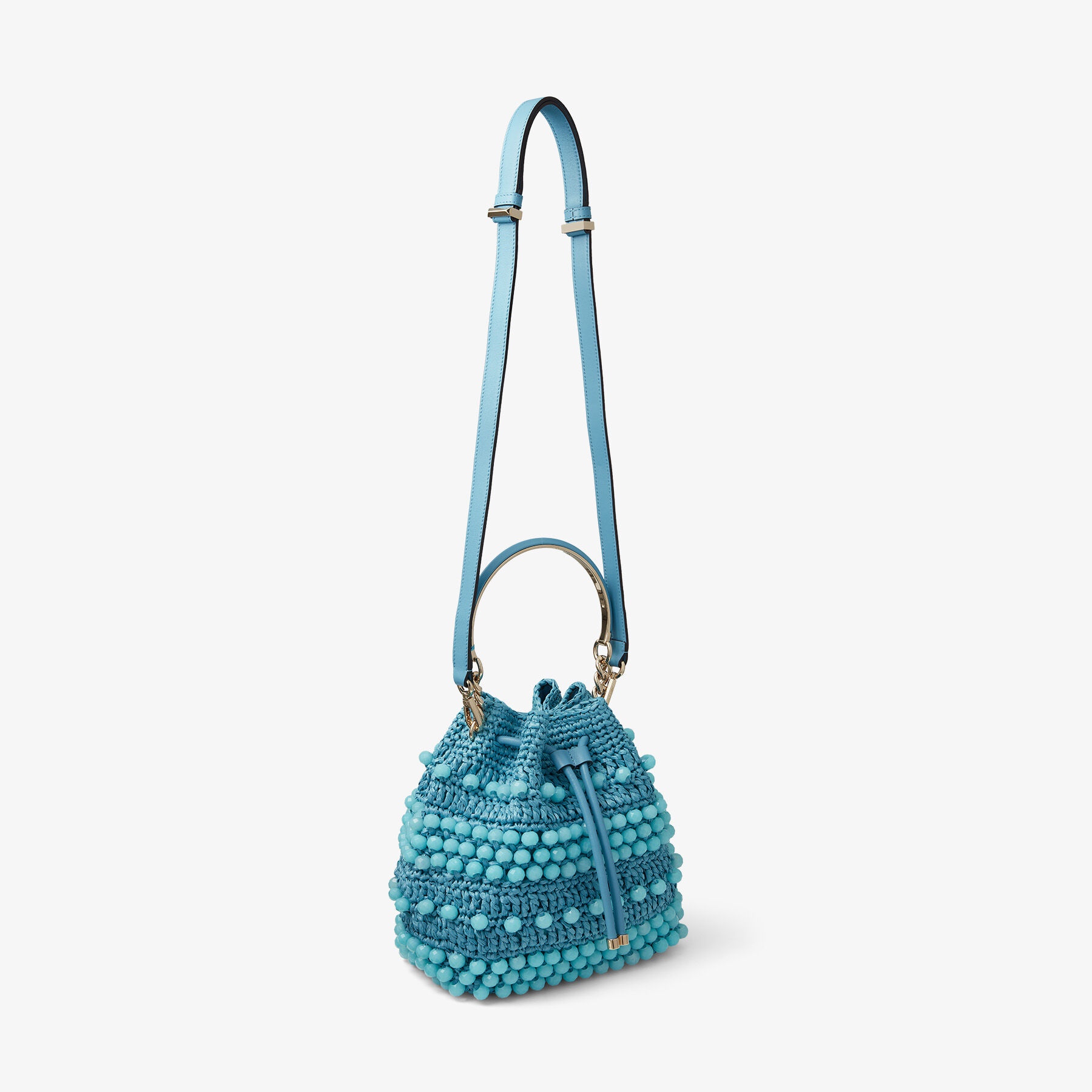 JIMMY CHOO Bon Bon Bucket Malibu Beaded Raffia and Smooth Leather ...