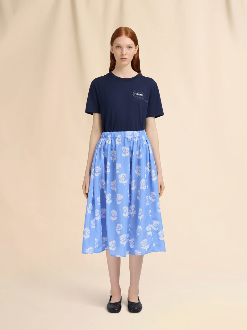 Marni LIGHT BLUE POPLIN EGG SKIRT WITH SPRAYED ROSES PRINT outlook