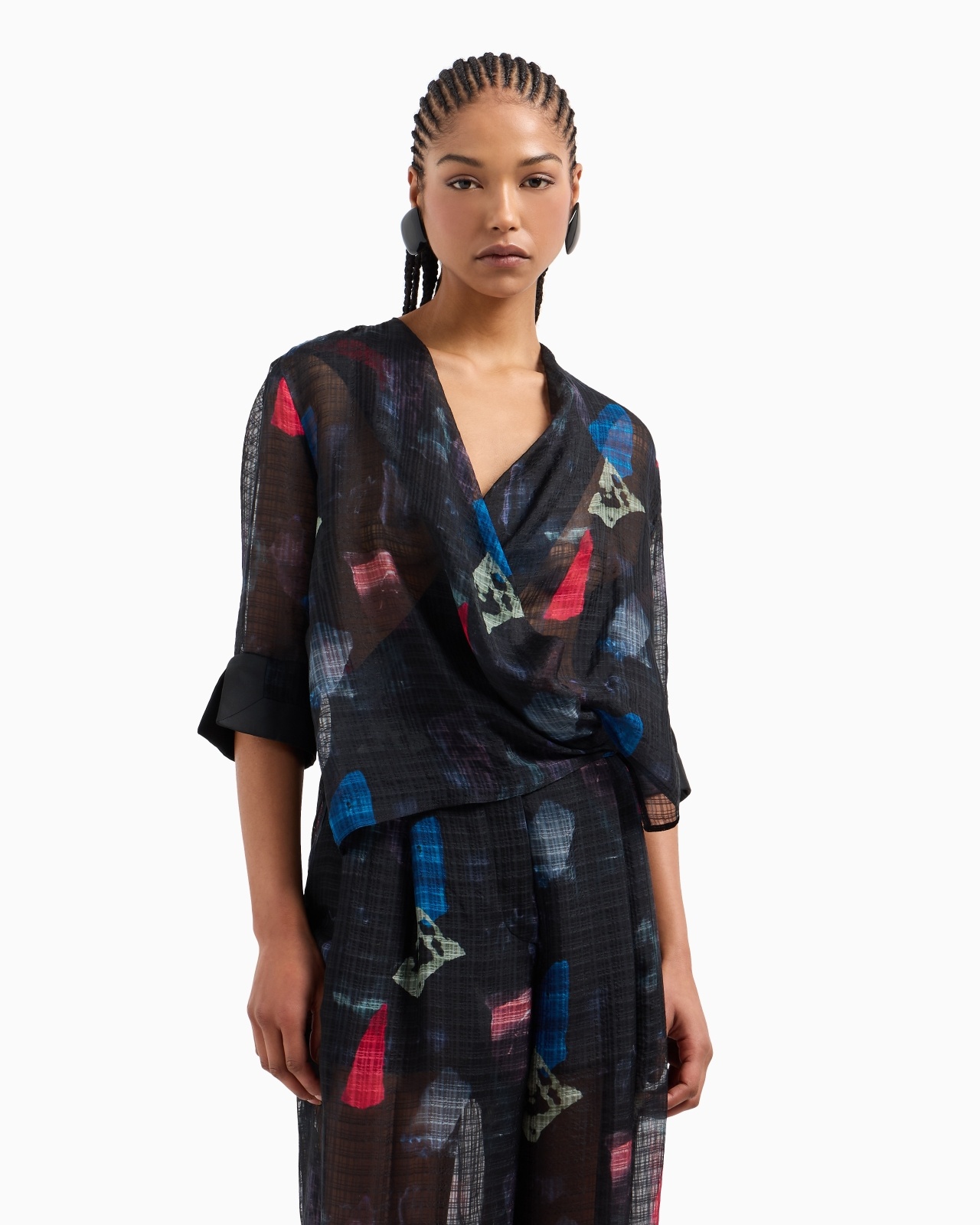 SILK BLOUSE WITH TORCHON WITH MICRO CHECK MOTIF AND ABSTRACT PRINT - 2