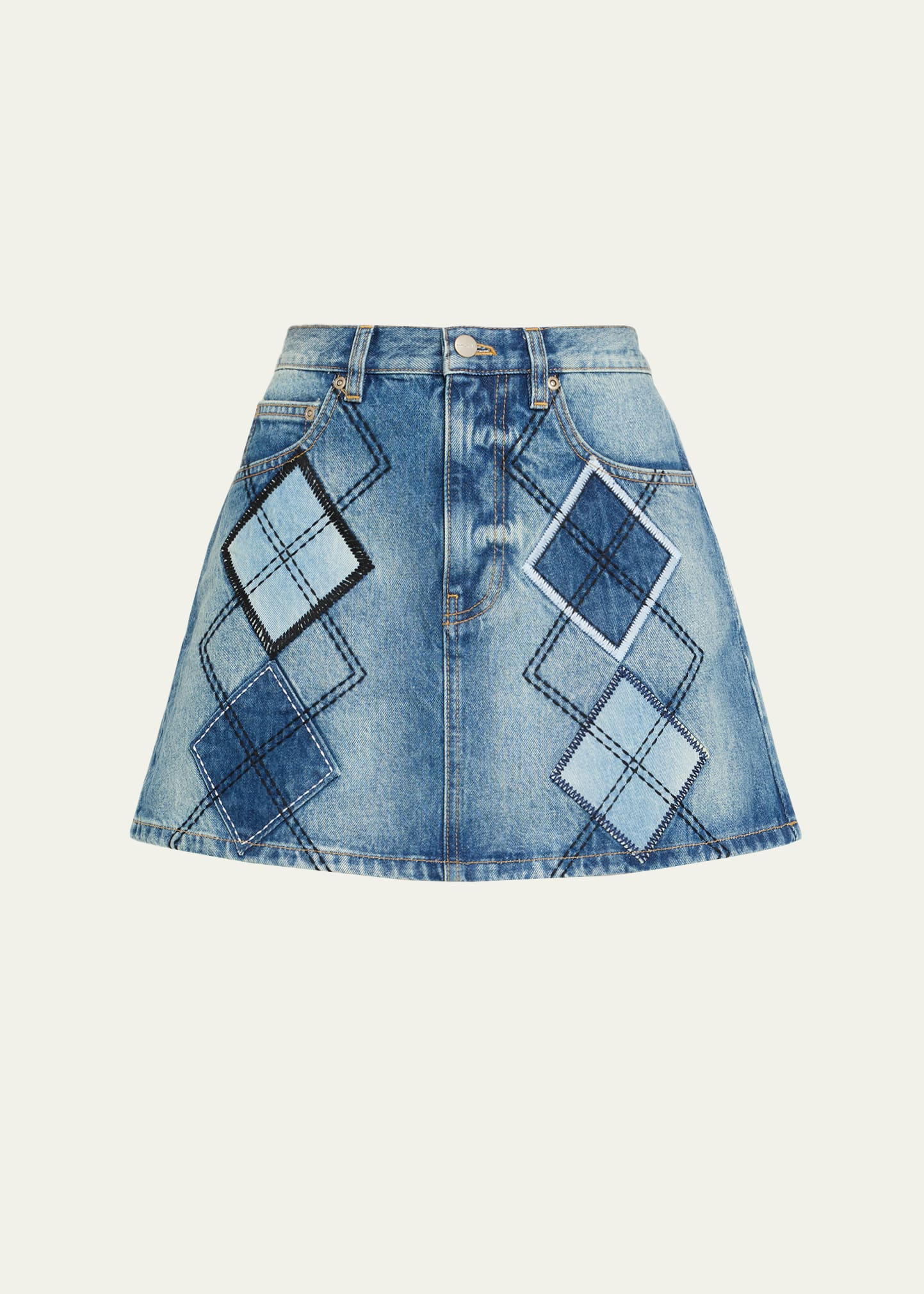 Argyle Patchwork Denim Mini Skirt - 1