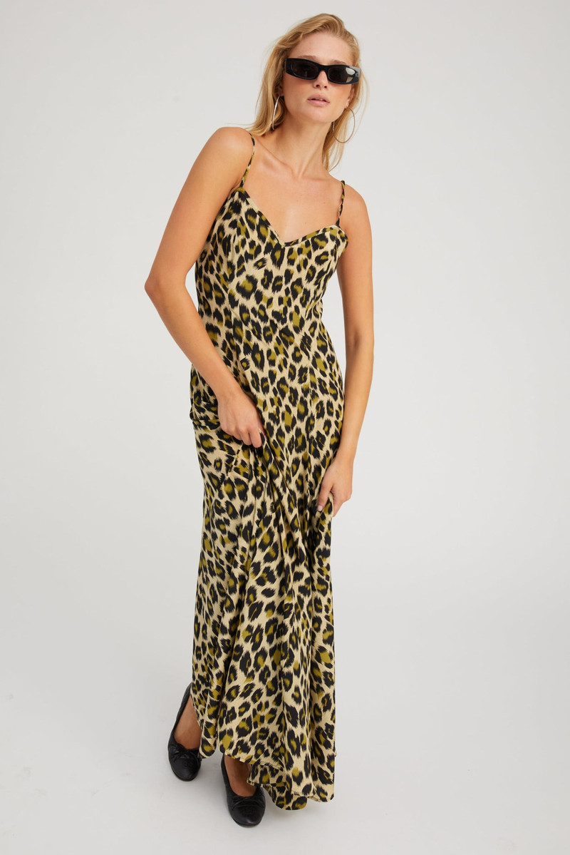 SPRWMN GREEN LEOPARD SILK MAXI DRESS outlook