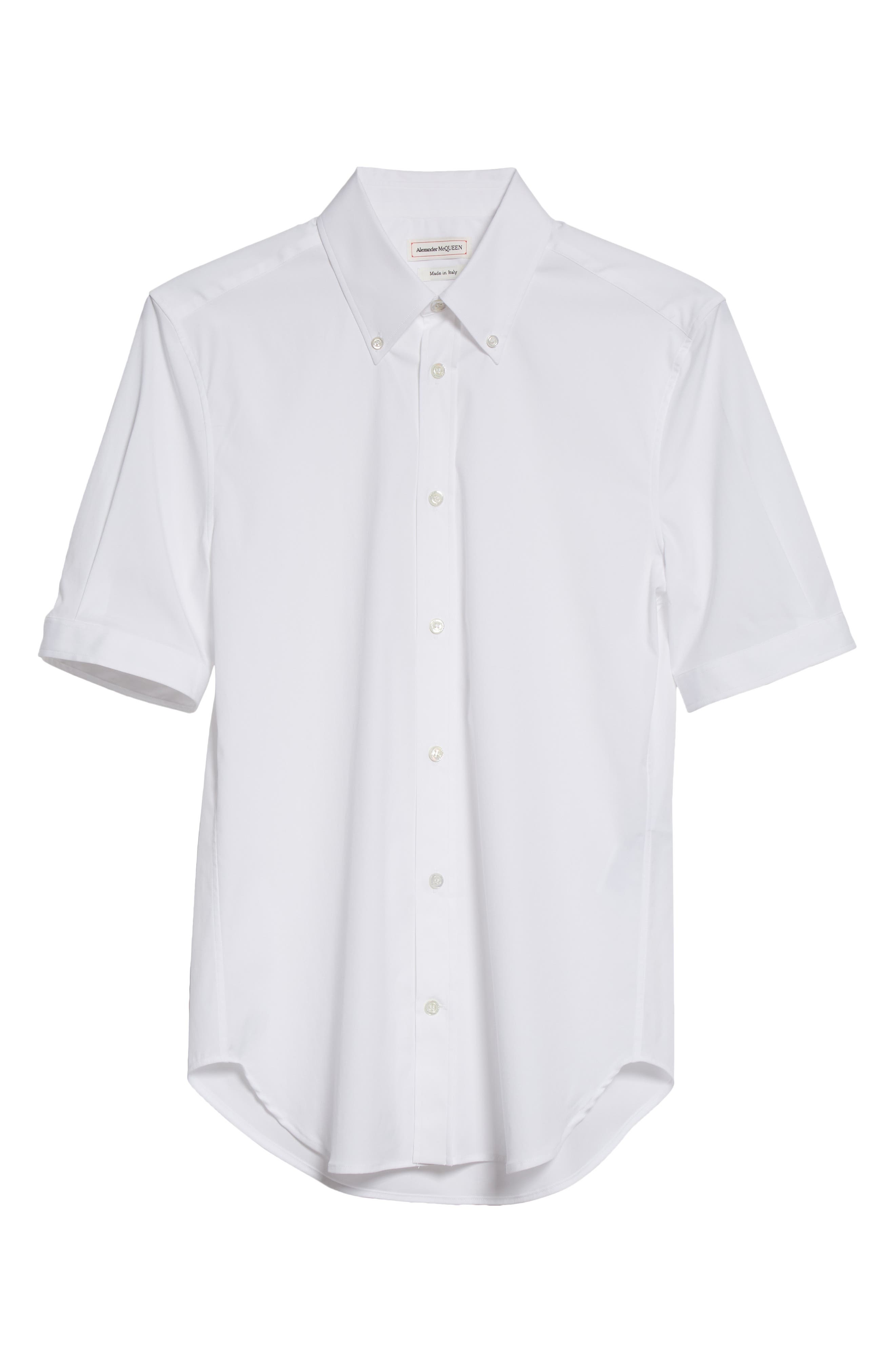 Alexander McQueen Short Sleeve Cotton Stretch Poplin Button-Down Shirt in White at Nordstrom, Size 1 - 5