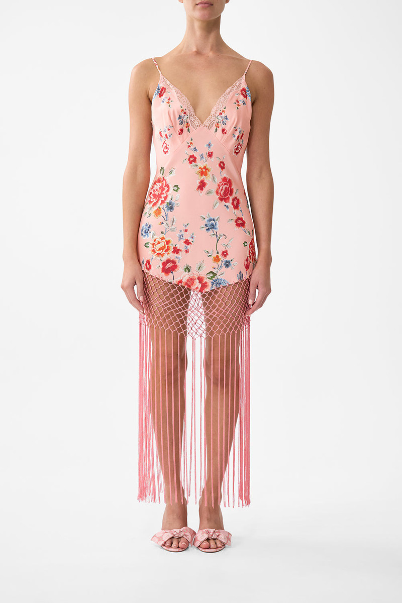 CAMILLA V NECK BIAS SLIP DRESS WITH FRINGING outlook