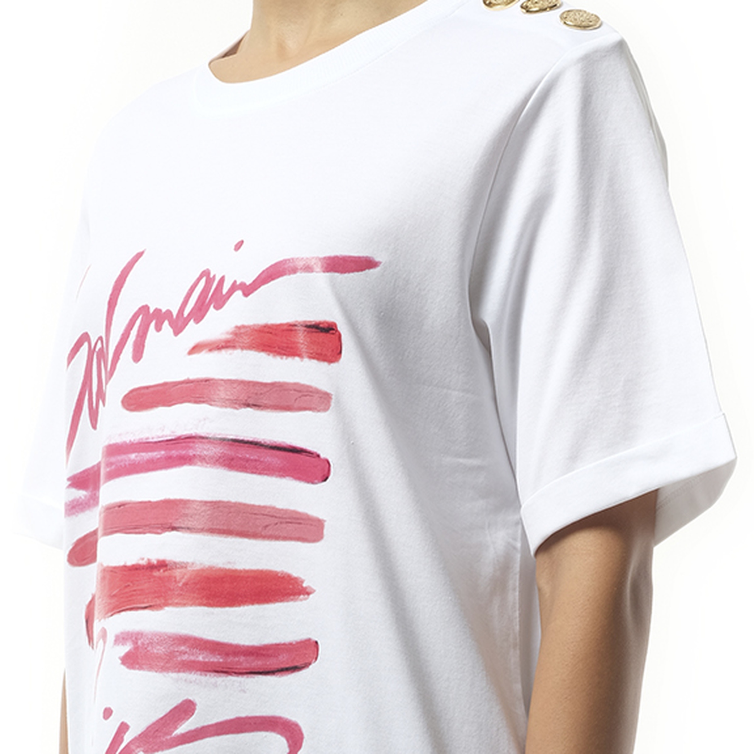 3 Btn Balmain Lipstick Print T-Shirt in White - 3