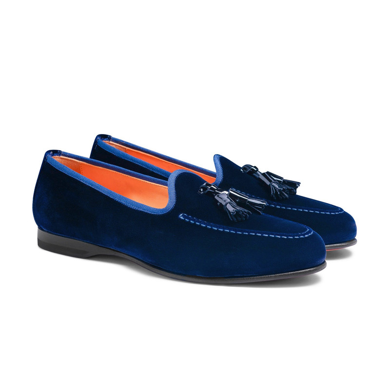 Santoni Men’s blue velvet Andrea tassel loafer outlook