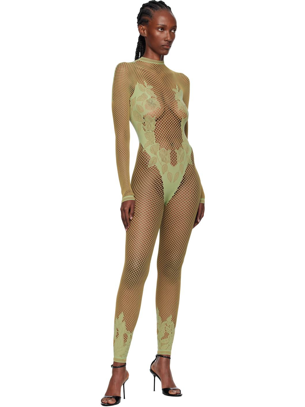 Green Leaves Fishnet Capri Jumpsuit - 4