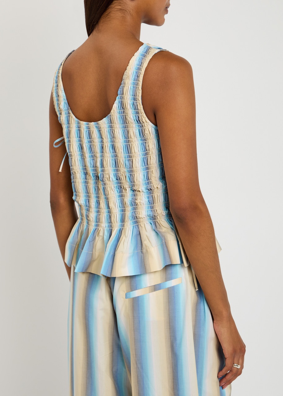 Ganni Ombre Stripe Smocked Cotton-poplin top - 3
