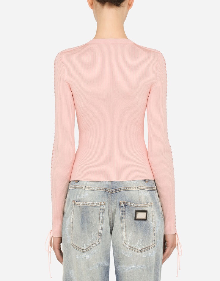Viscose ribbed sweater with lacing and eyelets - 3