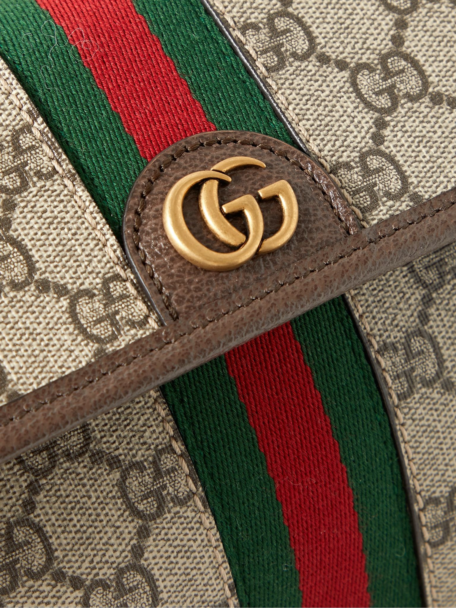 Ophidia Leather and Webbing-Trimmed Monogrammed Coated-Canvas Belt Bag Beige - 4