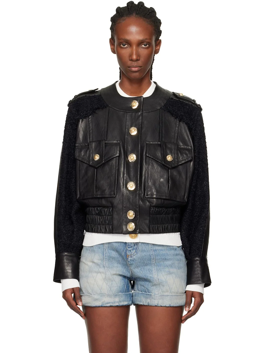 Black Tweed & Leather Bomber Jacket - 1