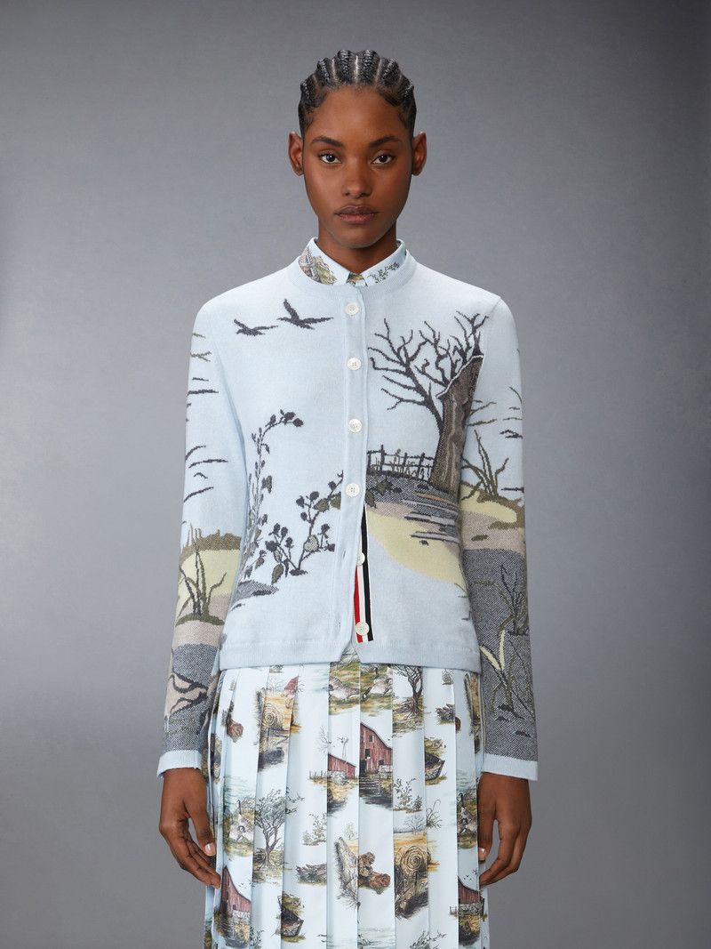 Thom Browne SCENIC INTARSIA SILK TWILL CASHMERE CARDIGAN outlook