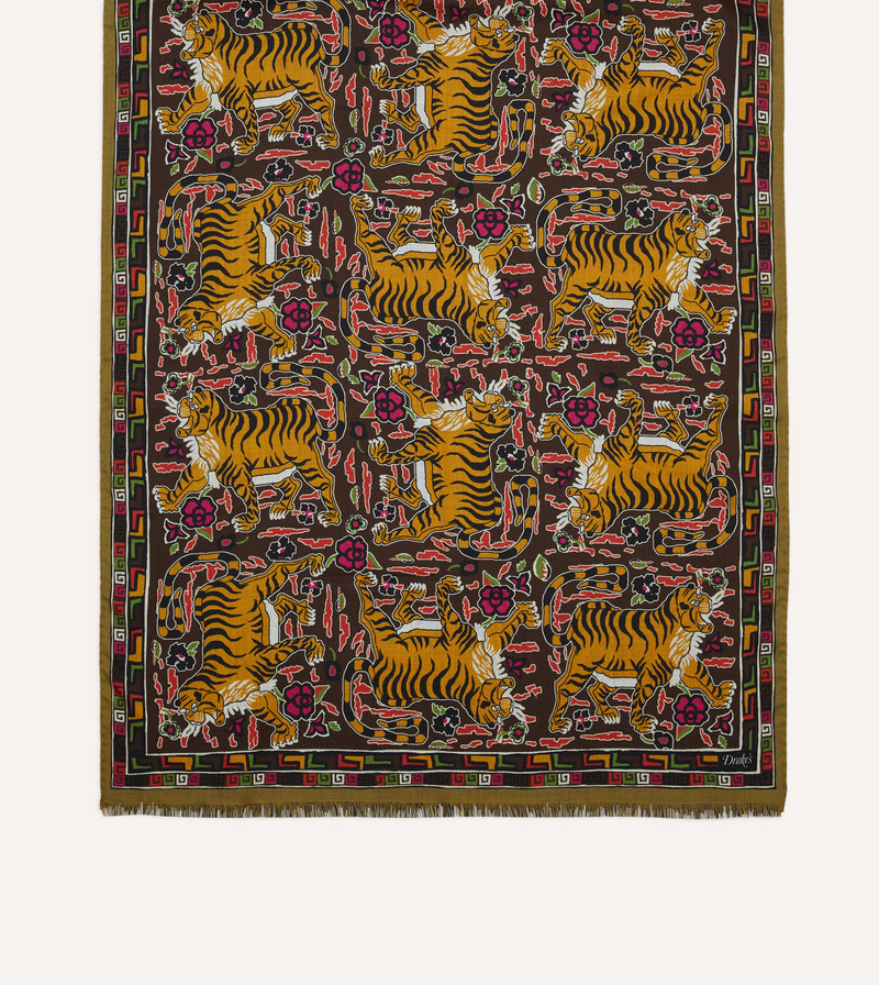 Brown Tiger Print Wool-Silk Scarf 3