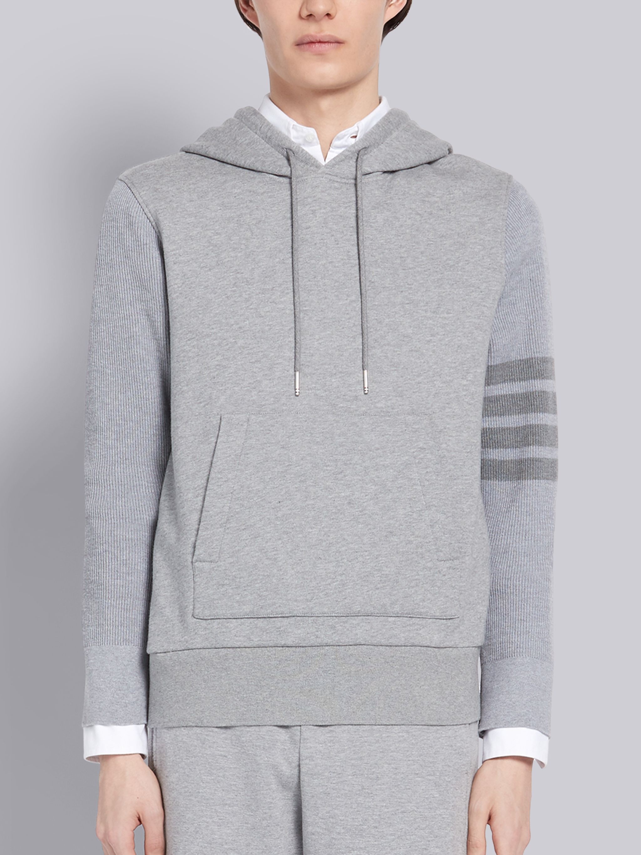 Light Grey Classic Loopback Ribbed Sleeves 4-Bar Pullover Hoodie - 1