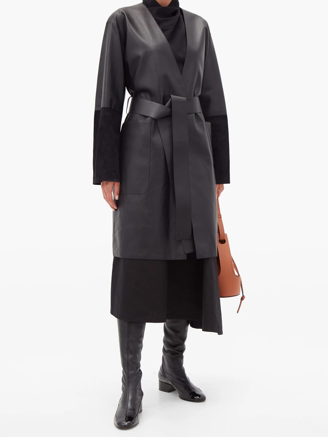 Suede-panelled leather wrap coat - 2